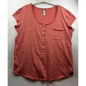 Free People Beach Coral Red Henley Scoop Neck Tee W/ Button Front LARGE
